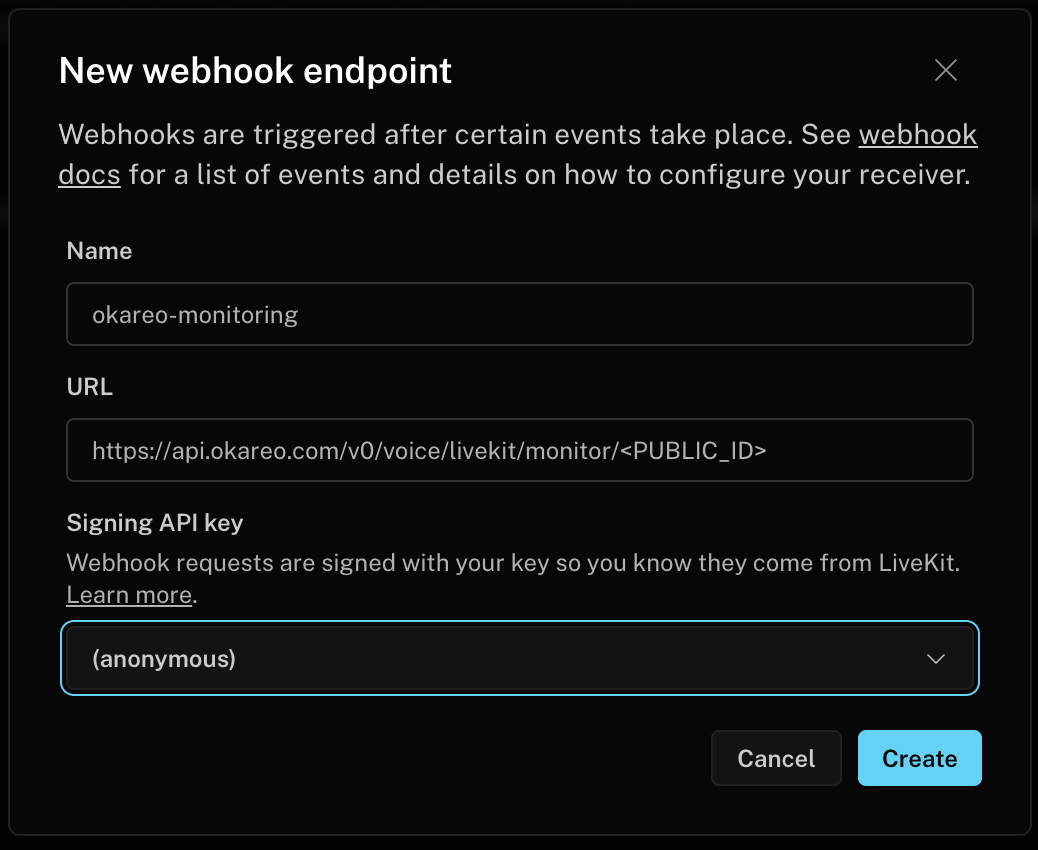 Creating a webhook in the LiveKit dashboard