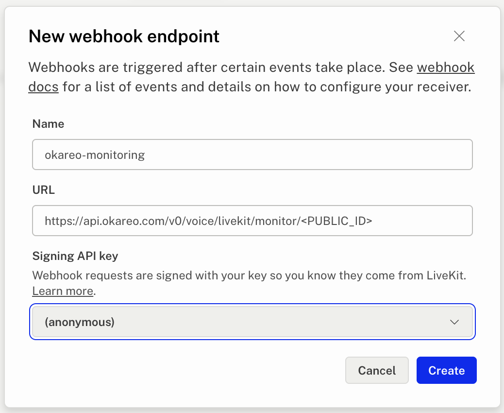Creating a webhook in the LiveKit dashboard
