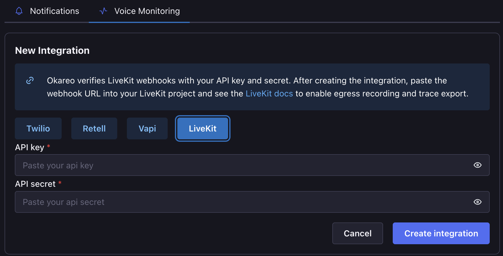 Okareo LiveKit integration creation screen