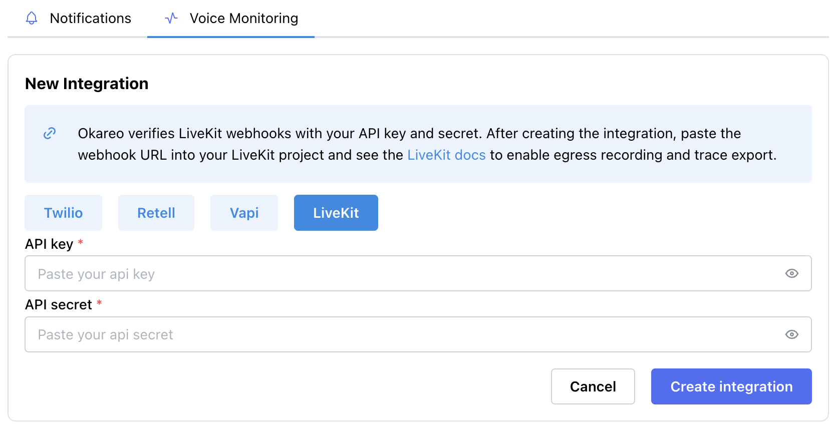 Okareo LiveKit integration creation screen