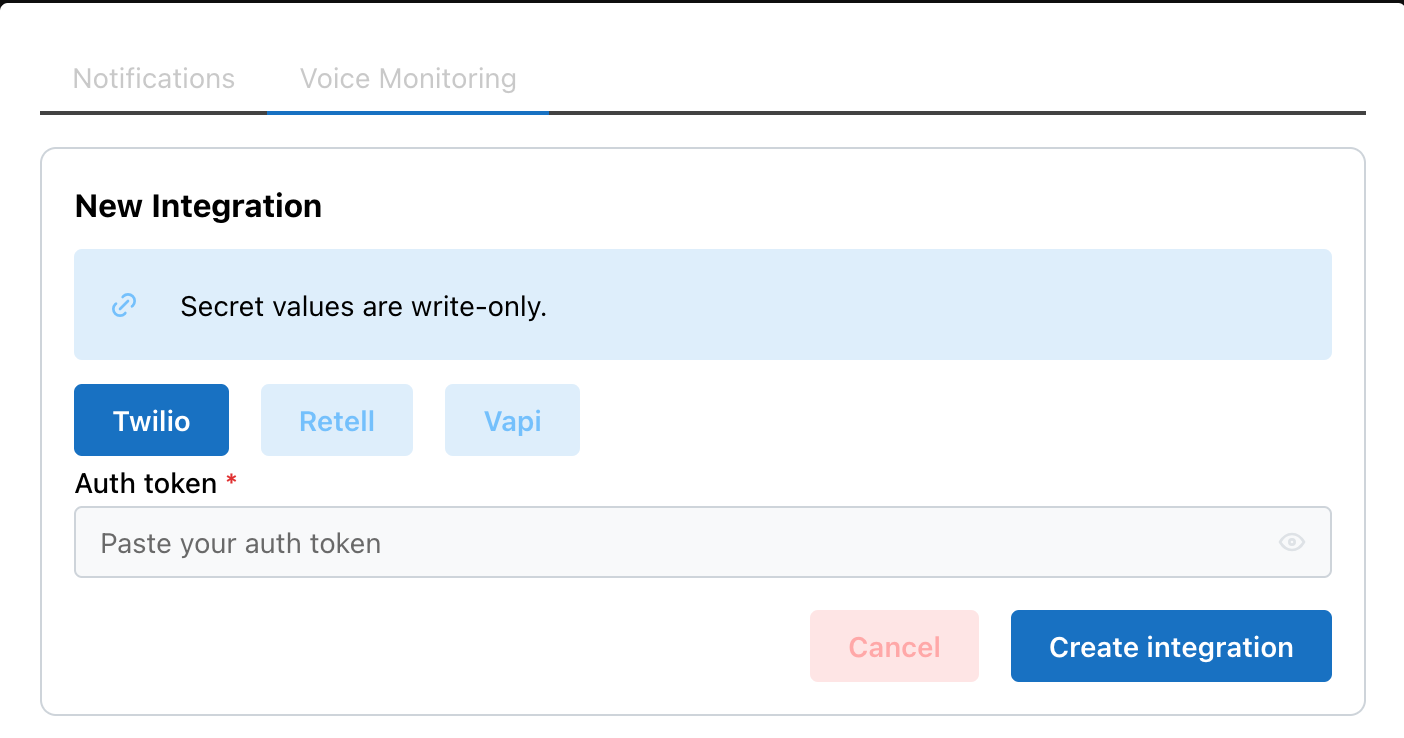 Okareo-Twilio integration creation screen