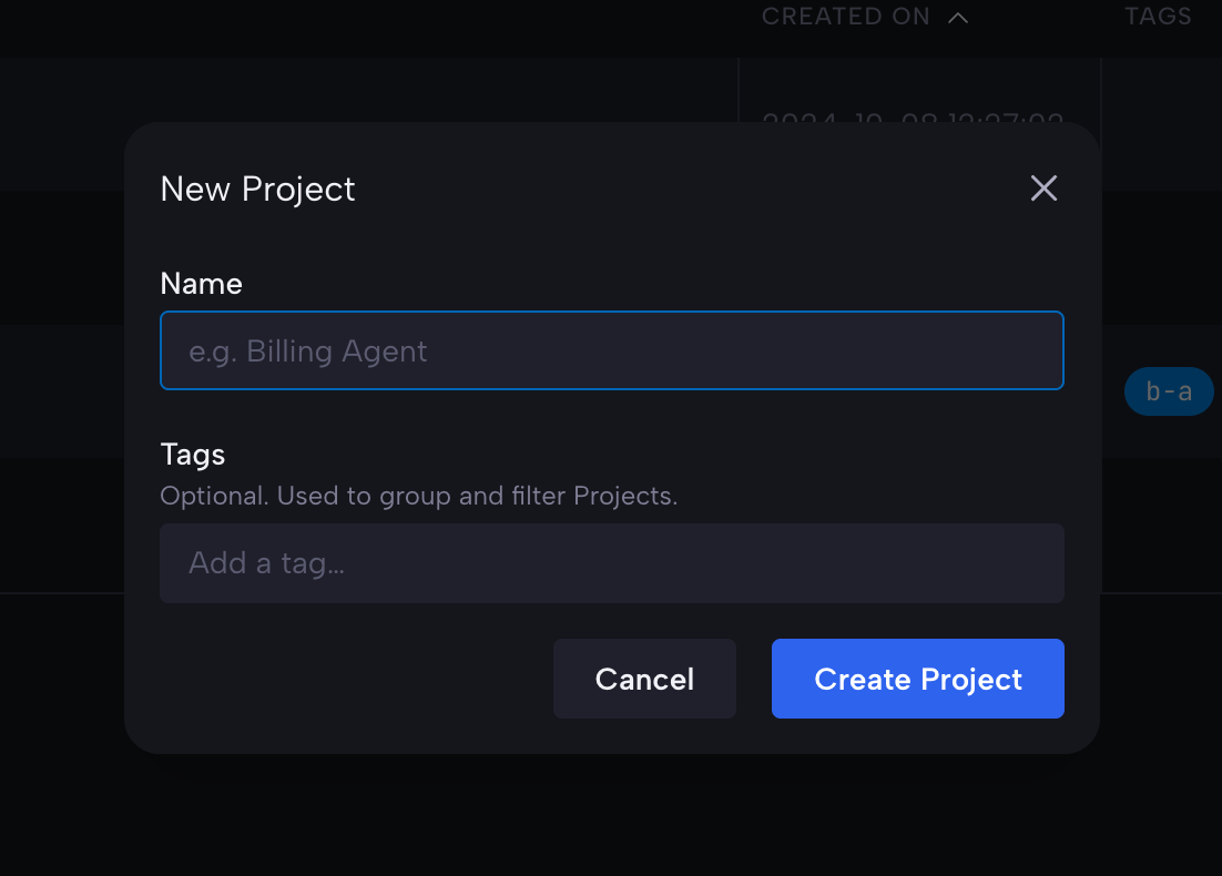 The New Project dialog