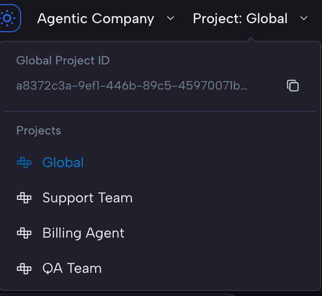 The header Project picker, open