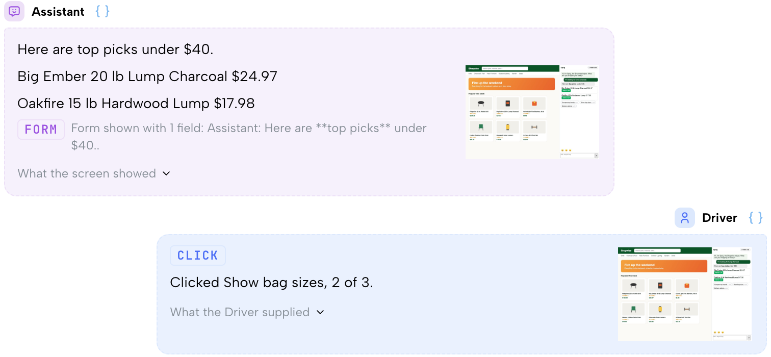 The helper's reply with two products, then the Driver's turn clicking the bag sizes suggestion under it, each with the screen it produced