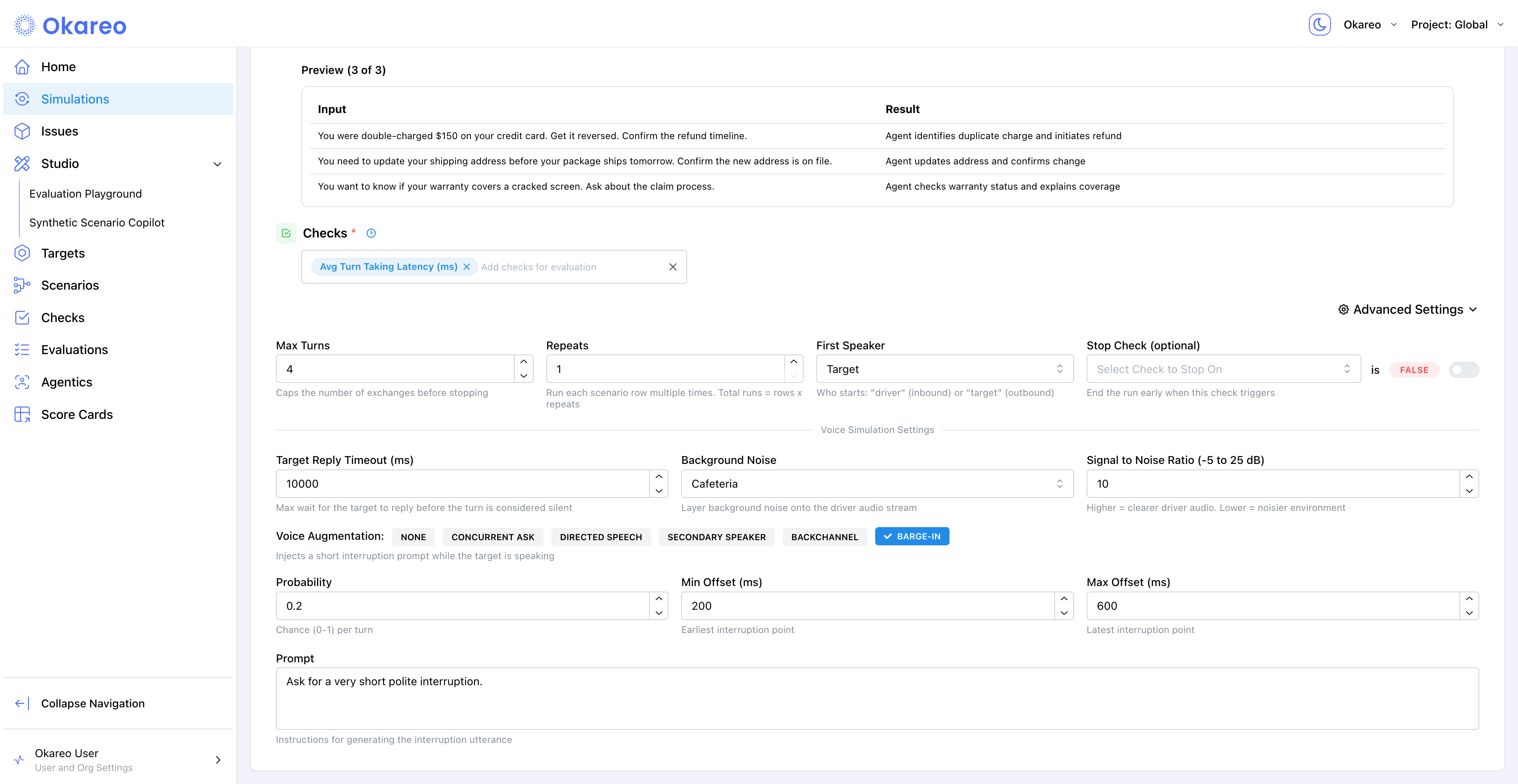 Voice Simulation Settings with a Background Noise profile, SNR field, and the Barge-In augmentation chip selected