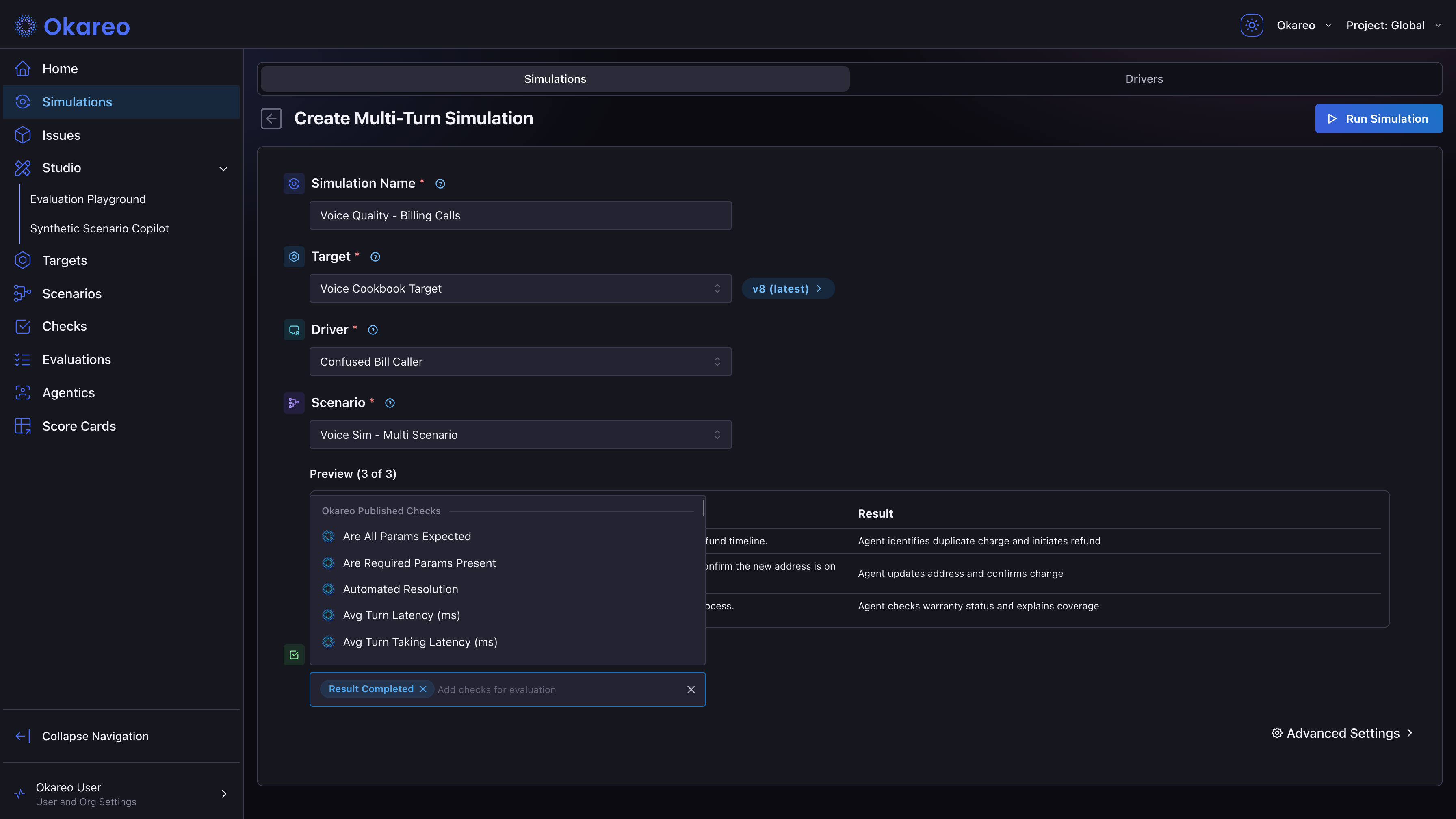 Checks selector in the simulation form showing Okareo published checks