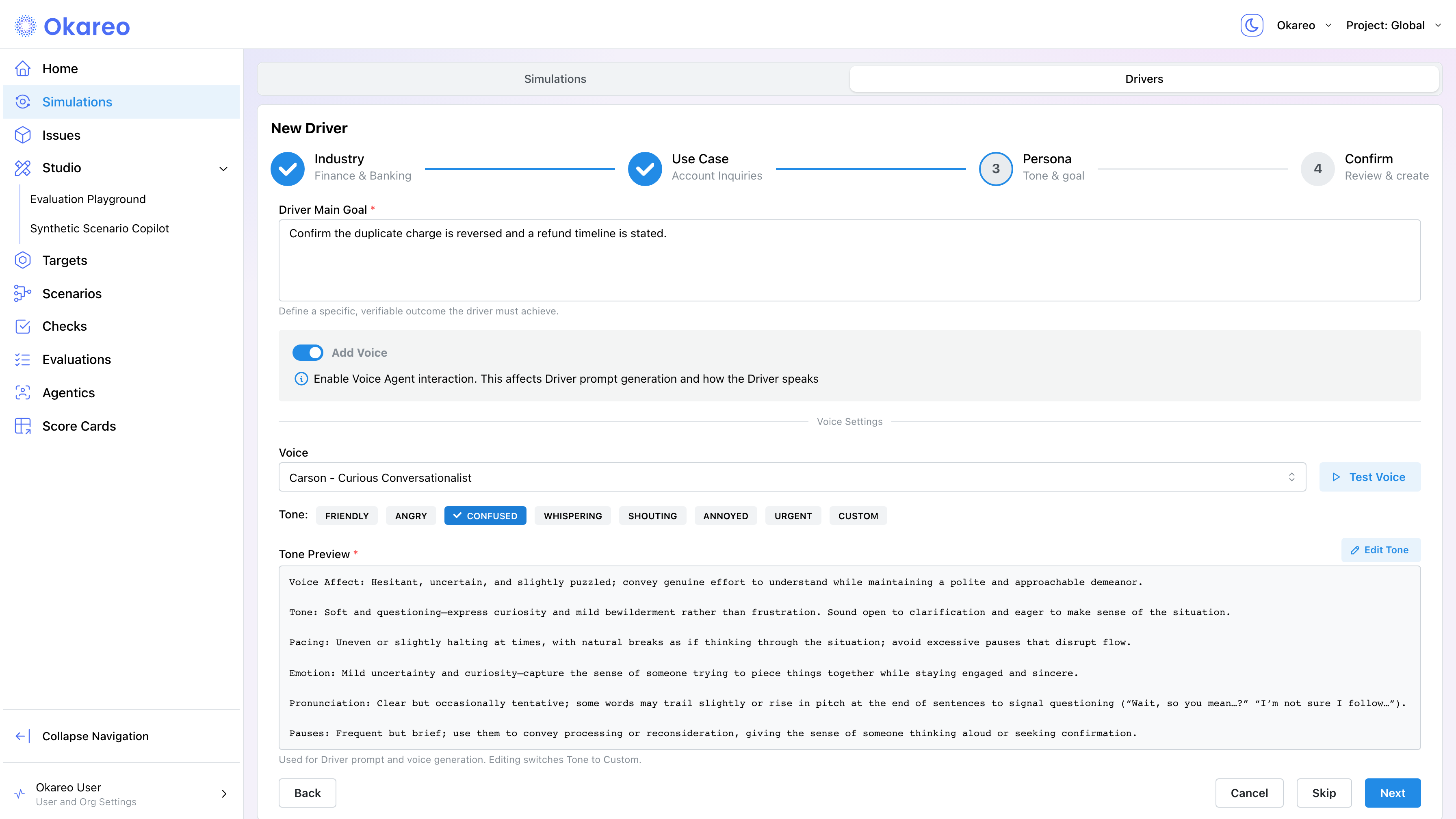 Driver voice settings with a tone preset selected and the generated tone preview