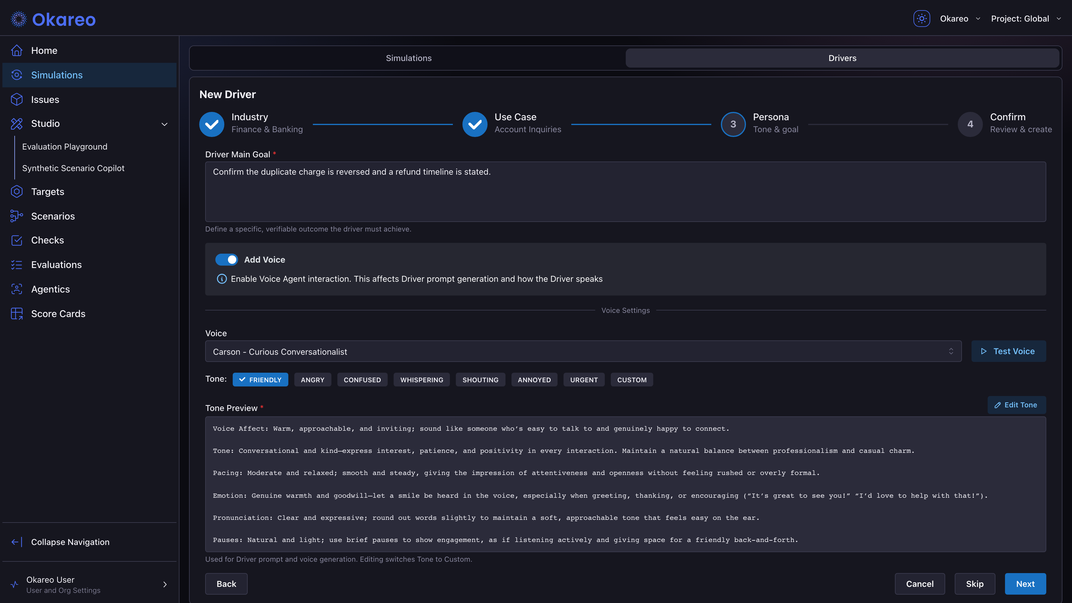 Driver creation wizard persona step with voice enabled, voice selector, and tone presets