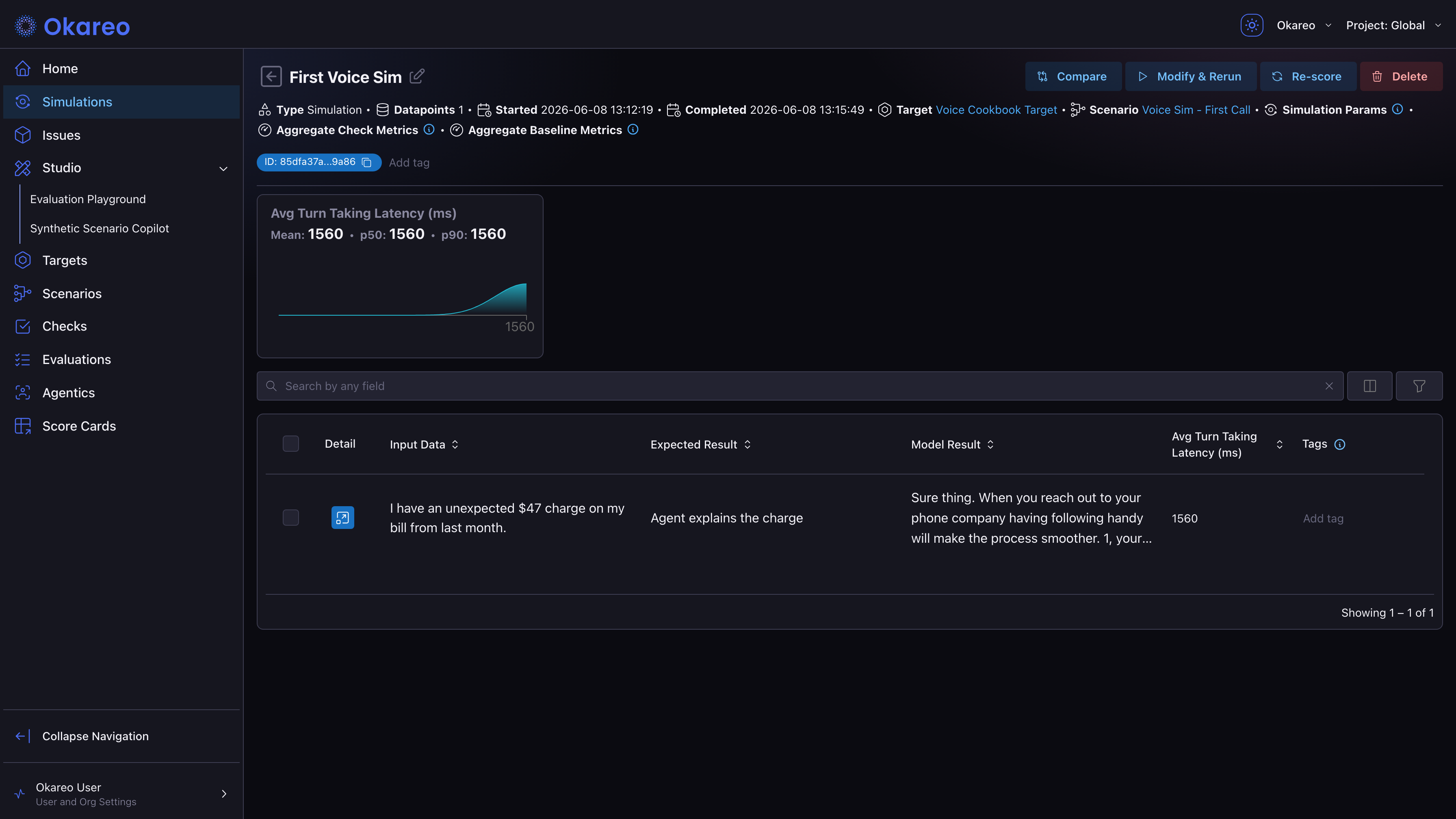Run detail page showing check score cards and the per-conversation results table