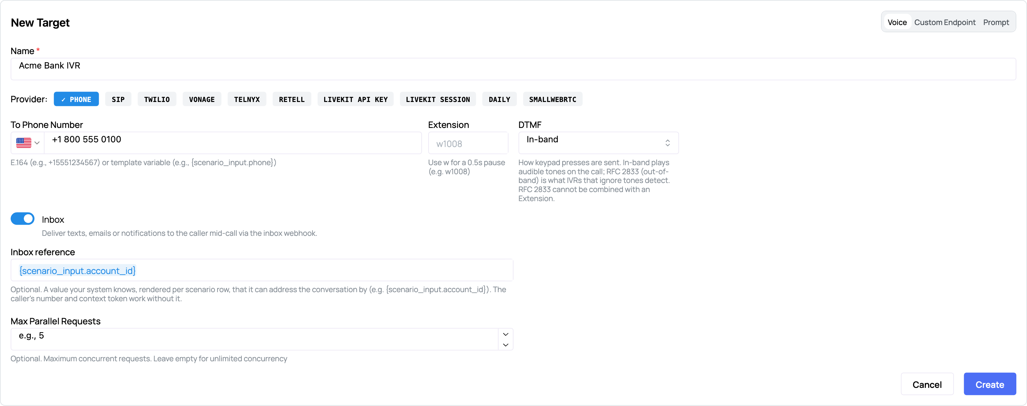 The Inbox switch on a voice target, turned on, with the optional Inbox reference field below it