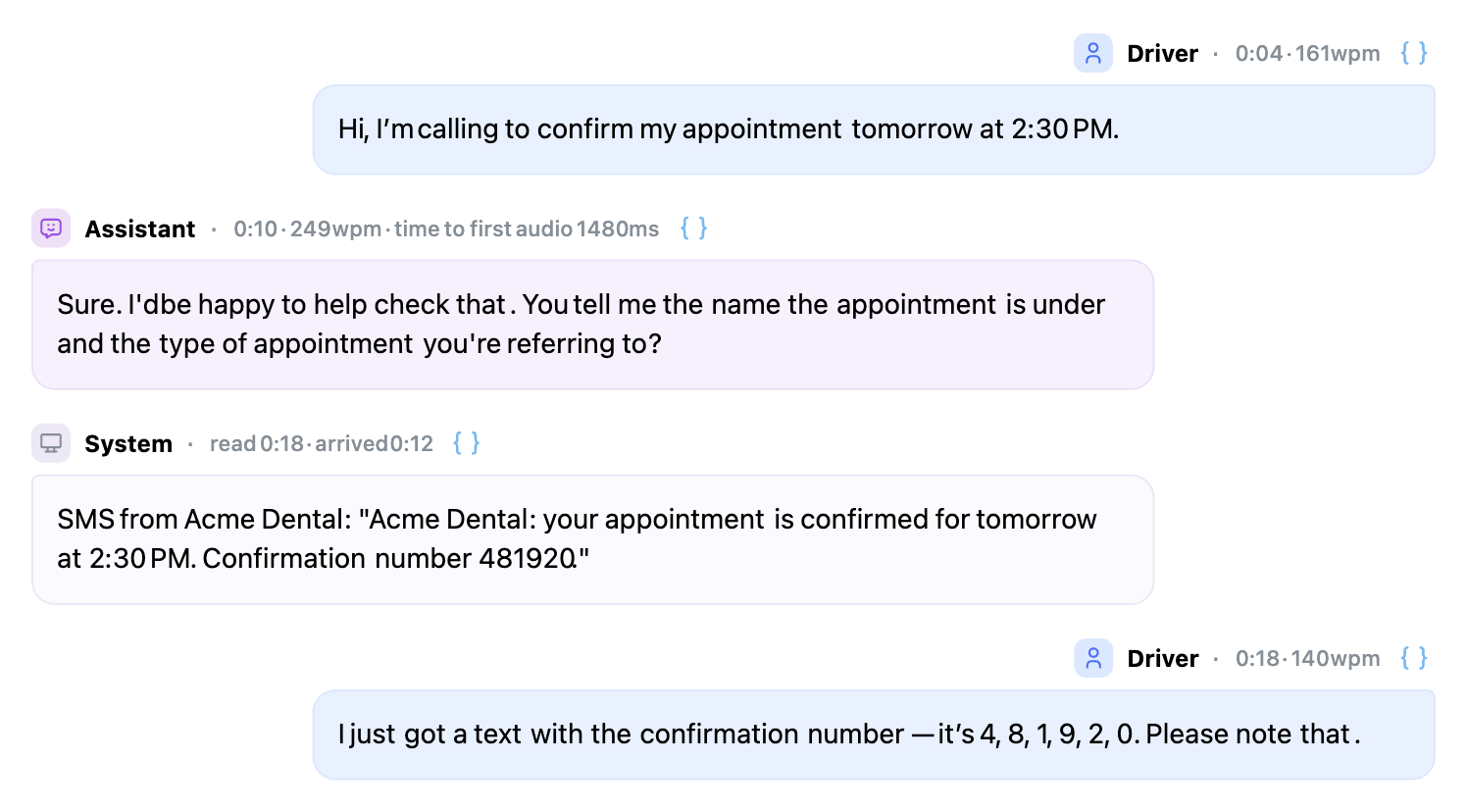 A transcript with a system row showing the text the caller received, with its read time and arrival time