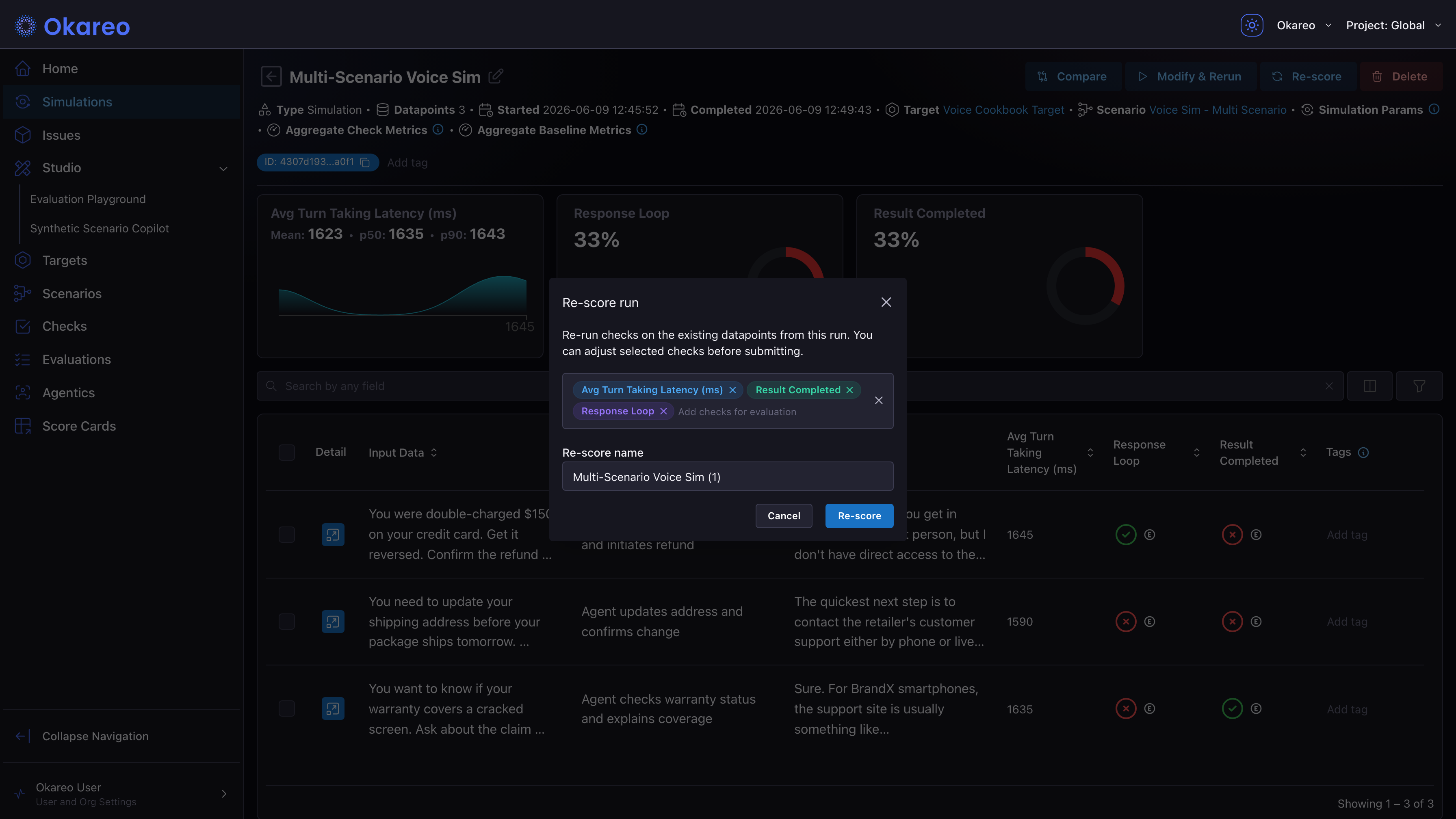 Re-score run modal with check selector and run name field